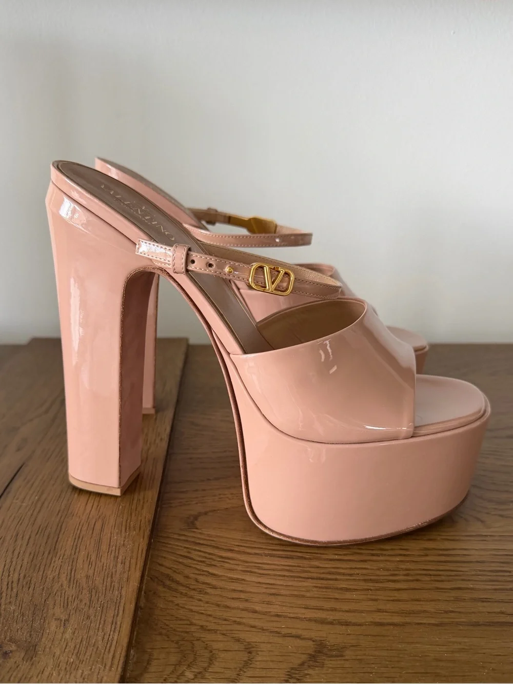 Valentino Blush Patent Leather Platform Heels with Gold Logo Buckle
